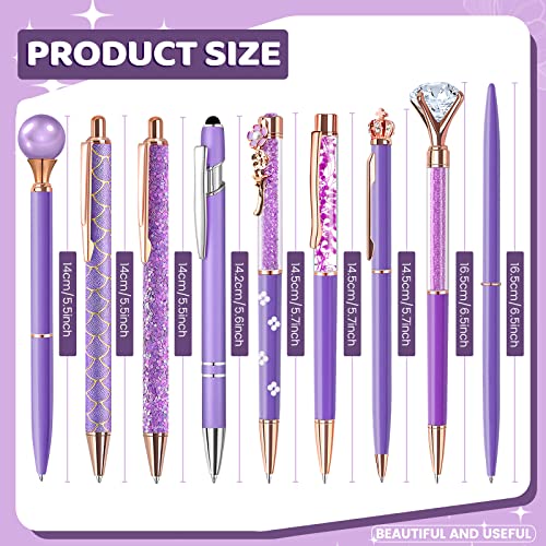 Airevesket 9Pcs Purple Pens Set, Ballpoint Pens Set, Metal Crystal Diamond Pen, Black Ink Ballpoint Cute Pens Set, Purple Gifts for Women Girls Office Wedding Supplies (Purple)