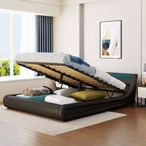 epinki black upholstered faux leather platform bed with a hydraulic storage system with led light headboard bed frame with slatted queen size