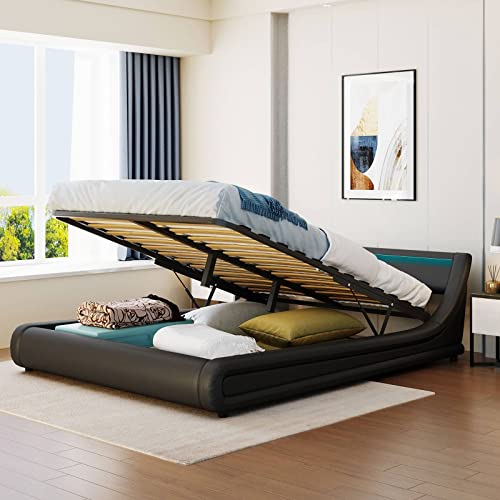 Epinki Black Upholstered Faux Leather Platform Bed with a Hydraulic Storage System with Led Light Headboard Bed Frame with Slatted Queen Size