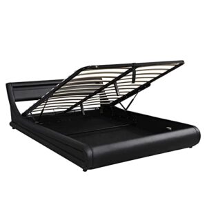 Epinki Black Upholstered Faux Leather Platform Bed with a Hydraulic Storage System with Led Light Headboard Bed Frame with Slatted Queen Size