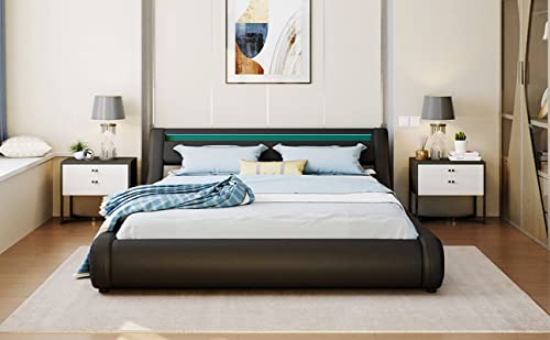 Epinki Black Upholstered Faux Leather Platform Bed with a Hydraulic Storage System with Led Light Headboard Bed Frame with Slatted Queen Size