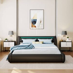 Epinki Black Upholstered Faux Leather Platform Bed with a Hydraulic Storage System with Led Light Headboard Bed Frame with Slatted Queen Size