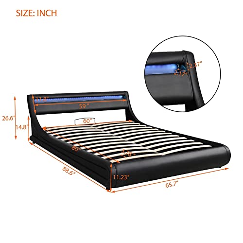 Epinki Black Upholstered Faux Leather Platform Bed with a Hydraulic Storage System with Led Light Headboard Bed Frame with Slatted Queen Size