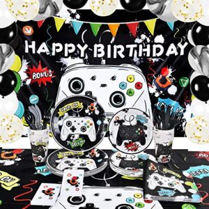 watercolor video game birthday party supplies - game theme party decorations for boys birthday backdrop balloons plates cups napkins tablecloth cutlery bags tableware set serves 16 guests 152 pcs