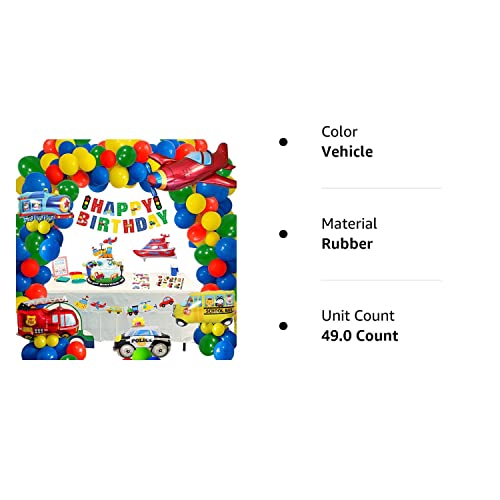 Transportation Party Decorations for Boys, 49PCS Construction Happy Birthday Supplies Vehicle Traffic Theme Baby Shower Red Green Blue Garland Kit for 2nd 1st with Car Plane Train Police Balloon Banner