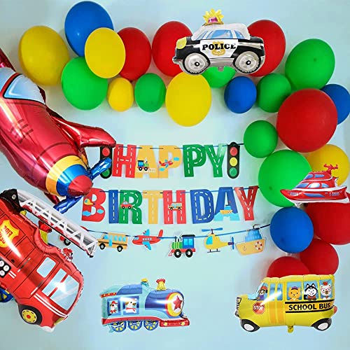 Transportation Party Decorations for Boys, 49PCS Construction Happy Birthday Supplies Vehicle Traffic Theme Baby Shower Red Green Blue Garland Kit for 2nd 1st with Car Plane Train Police Balloon Banner