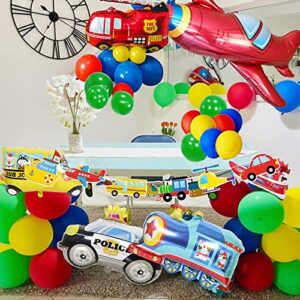 Transportation Party Decorations for Boys, 49PCS Construction Happy Birthday Supplies Vehicle Traffic Theme Baby Shower Red Green Blue Garland Kit for 2nd 1st with Car Plane Train Police Balloon Banner