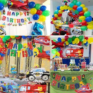 Transportation Party Decorations for Boys, 49PCS Construction Happy Birthday Supplies Vehicle Traffic Theme Baby Shower Red Green Blue Garland Kit for 2nd 1st with Car Plane Train Police Balloon Banner