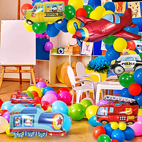 Transportation Party Decorations for Boys, 49PCS Construction Happy Birthday Supplies Vehicle Traffic Theme Baby Shower Red Green Blue Garland Kit for 2nd 1st with Car Plane Train Police Balloon Banner