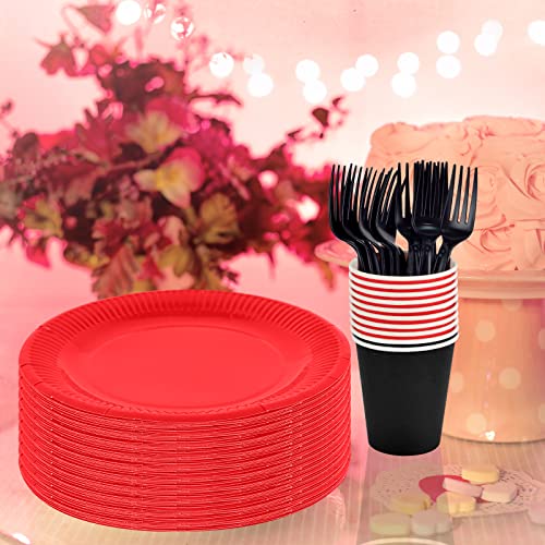 122 pcs red and black plates and napkins party supplies black and red tableware set disposable paper plates napkins cups cutlery spoons tablecloth for red birthday plates table decors