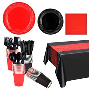 122 pcs red and black plates and napkins party supplies black and red tableware set disposable paper plates napkins cups cutlery spoons tablecloth for red birthday plates table decors