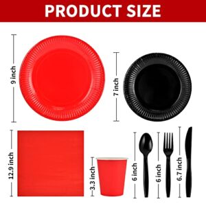 122 pcs red and black plates and napkins party supplies black and red tableware set disposable paper plates napkins cups cutlery spoons tablecloth for red birthday plates table decors