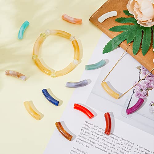 DICOSMETIC 216Pcs 12 Colors Acrylic Imitation Gemstone Bead Curved Long Spacer Connector Curved Chunky Bracelet Bead with 18m Elastic Thread Tube Bangle Bracelets for Women Jewelry DIY Making