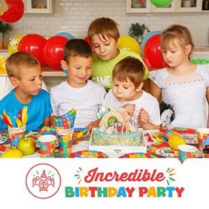 Building Block Birthday Party Supplies Set | Baby Boy Toddler Kids Birthday Brick Decorations – Cups Plates Signs Napkins Balloons Tablecloth Utensils – Decorations for Boys and Girls – Serves 25