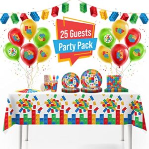 building block birthday party supplies set | baby boy toddler kids birthday brick decorations – cups plates signs napkins balloons tablecloth utensils – decorations for boys and girls – serves 25