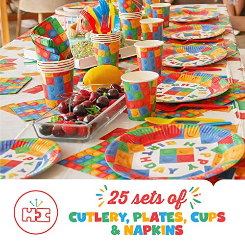 Building Block Birthday Party Supplies Set | Baby Boy Toddler Kids Birthday Brick Decorations – Cups Plates Signs Napkins Balloons Tablecloth Utensils – Decorations for Boys and Girls – Serves 25