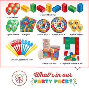 Building Block Birthday Party Supplies Set | Baby Boy Toddler Kids Birthday Brick Decorations – Cups Plates Signs Napkins Balloons Tablecloth Utensils – Decorations for Boys and Girls – Serves 25