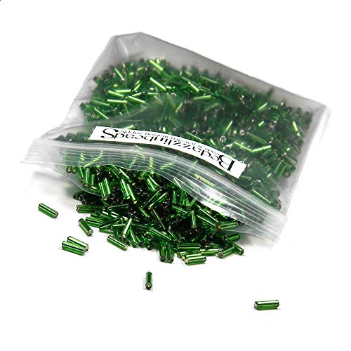 50 Grams of 1200 Ming Tree Economical 1/4 inch Long 6mm Glass Bugle Tube Seed Beads (Silver Lined Emerald Green)