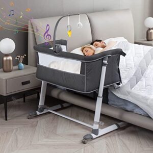 baby bassinet, yacul bedside crib sleeper with wheels and music box, height adjustable fit for bed height 19" - 26.5", portable, dark gray