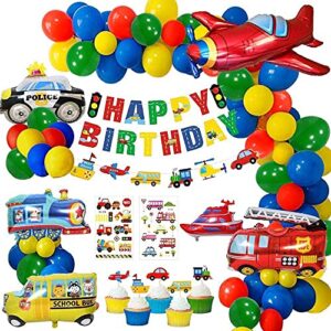 birlon construction birthday party supply, transport vehicle theme decoration for boy baby shower, red green yellow blue balloon garland arch kit car reusable truck plane train police school bus foil