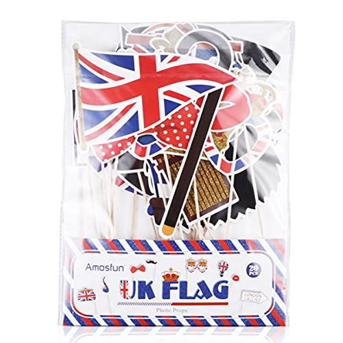 Amosfun British Photo Booth Props Funny British Party Props UK England Selfie Props for British London National Day Party Decorations,Pack of 20