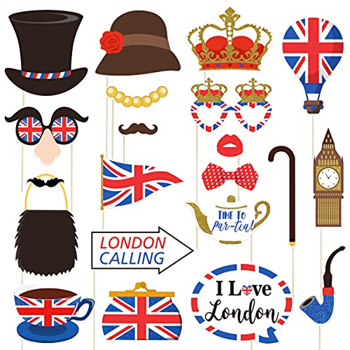 Amosfun British Photo Booth Props Funny British Party Props UK England Selfie Props for British London National Day Party Decorations,Pack of 20