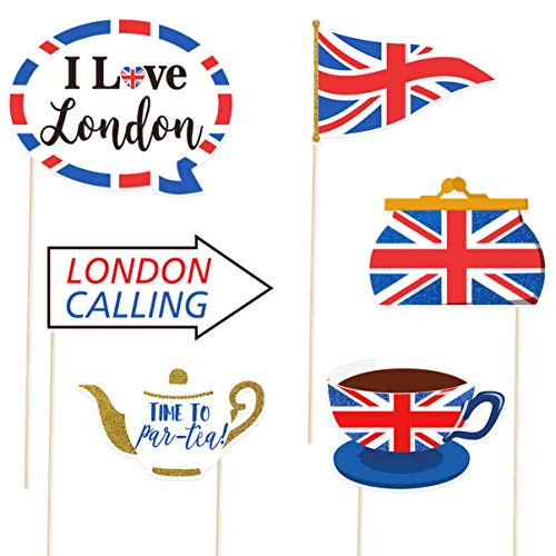 Amosfun British Photo Booth Props Funny British Party Props UK England Selfie Props for British London National Day Party Decorations,Pack of 20