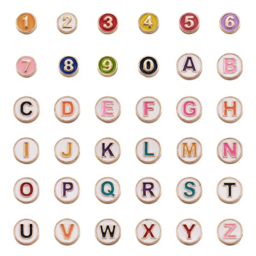 Pandahall 72Pcs Alloy Enamel Letter Beads Mixed Color Flat Round Number 0-9 & Alphabet Letter A-Z Beads Loose Spacers for Jewelry Making, Hole: 1.4-1.5mm