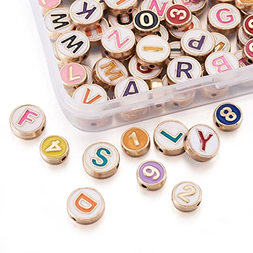 Pandahall 72Pcs Alloy Enamel Letter Beads Mixed Color Flat Round Number 0-9 & Alphabet Letter A-Z Beads Loose Spacers for Jewelry Making, Hole: 1.4-1.5mm