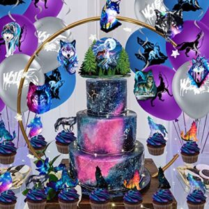 Wolf Party Decorations Galaxy Wolf Birthday Party Supplies Girl Boy Wolf Themed Decorations for Birthday Party, Wolf Party Balloons, Banner, Hanging Swirls, Cake Cupcake Toppers and Tattoos