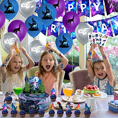 Wolf Party Decorations Galaxy Wolf Birthday Party Supplies Girl Boy Wolf Themed Decorations for Birthday Party, Wolf Party Balloons, Banner, Hanging Swirls, Cake Cupcake Toppers and Tattoos