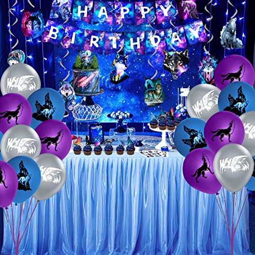 Wolf Party Decorations Galaxy Wolf Birthday Party Supplies Girl Boy Wolf Themed Decorations for Birthday Party, Wolf Party Balloons, Banner, Hanging Swirls, Cake Cupcake Toppers and Tattoos