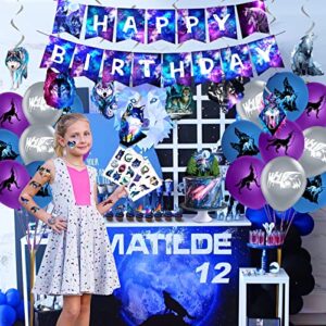 Wolf Party Decorations Galaxy Wolf Birthday Party Supplies Girl Boy Wolf Themed Decorations for Birthday Party, Wolf Party Balloons, Banner, Hanging Swirls, Cake Cupcake Toppers and Tattoos