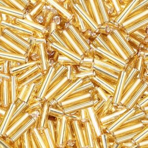 glass bugle beads penta angel 1100pcs /50g mini long tube seed beads 2×6mm small craft loose spacer beads for earring bracelets necklace waist beads jewelry making (gold)