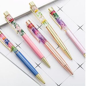 Gullor 5 Pieces Liquid Floral Ballpoint Pens for Gift, Fancy Metal Unique Flower Set for Desk Accessories, Rose gold