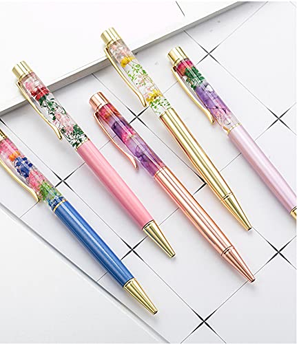 Gullor 5 Pieces Liquid Floral Ballpoint Pens for Gift, Fancy Metal Unique Flower Set for Desk Accessories, Rose gold