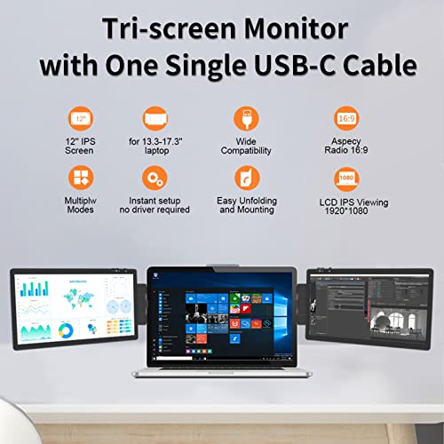 Saterkali Swivel 12 Inch Attachable Portable Monitor for Laptop, 16:9 H D-Compatible IPS Dual Triple Monitor Screen Extender for 13 to 16-inch Laptops Black