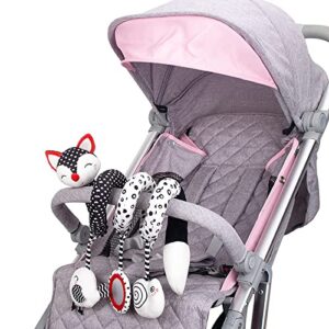 Car Seat Toys for Babies 0-6 Months, Black White Stroller Toy Stretch Baby Spiral Plush Toys, Hanging Rattle Toys for Crib Mobile, Newborn Sensory Toy Best Gift for 0 3 6 9 12 Months(Fox)