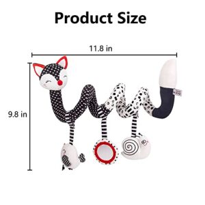 Car Seat Toys for Babies 0-6 Months, Black White Stroller Toy Stretch Baby Spiral Plush Toys, Hanging Rattle Toys for Crib Mobile, Newborn Sensory Toy Best Gift for 0 3 6 9 12 Months(Fox)