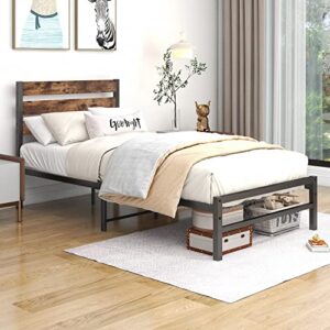 verfarm platform twin metal bed frame with rustic vintage wood headboard, mattress foundation, strong metal slats support, no box spring needed