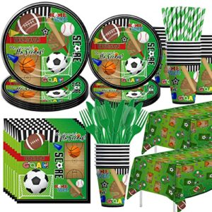 xigejob sports theme birthday party supplies tableware, sports party decorations, plates, cups, napkins, tablecloth, cutlery, straws, soccer basketball baseball football theme dinnerware | serve 24