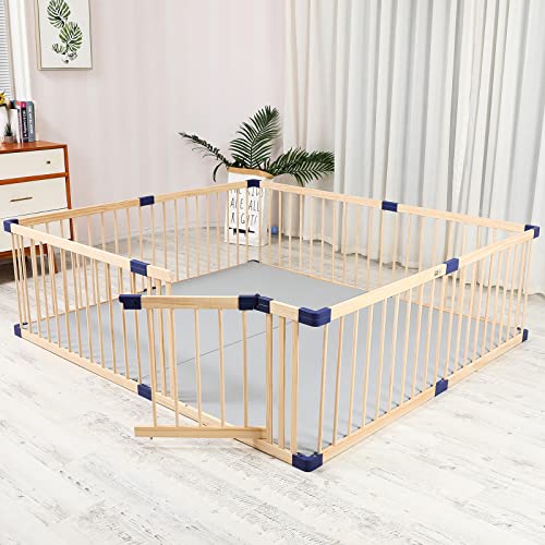 Wooden Baby Playpen Fence Play Pen Play Yard Area Gate with Door for Babies and Toddlers Kids, Portable Wooden Indoor Freestanding, Kids Baby Pet Cats Play Fence Playpen with Door(180x200x61cm)