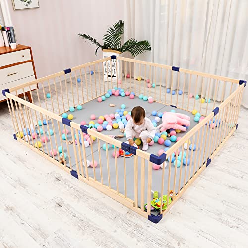 Wooden Baby Playpen Fence Play Pen Play Yard Area Gate with Door for Babies and Toddlers Kids, Portable Wooden Indoor Freestanding, Kids Baby Pet Cats Play Fence Playpen with Door(180x200x61cm)