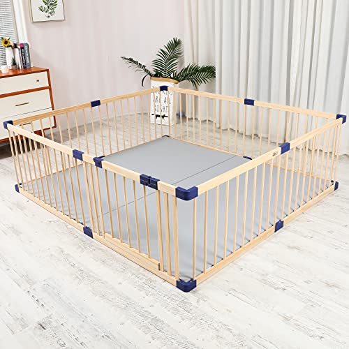 Wooden Baby Playpen Fence Play Pen Play Yard Area Gate with Door for Babies and Toddlers Kids, Portable Wooden Indoor Freestanding, Kids Baby Pet Cats Play Fence Playpen with Door(180x200x61cm)