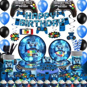 blue video game party supplies - 212pcs gamer gaming party decoration for boys birthday party - table cover, plates, cups, napkins, utensils, hanging swirls, birthday banner, cupcake, topper cake topper & balloons serves 16 guests