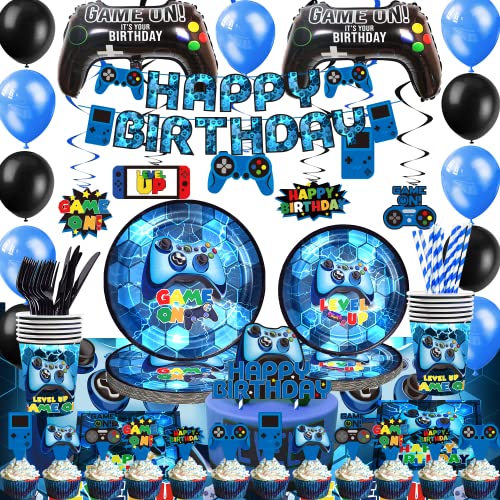 Blue Video Game Party Supplies - 212Pcs Gamer Gaming Party Decoration For Boys Birthday Party - Table Cover, Plates, Cups, Napkins, Utensils, Hanging Swirls, Birthday Banner, Cupcake, Topper Cake Topper & Balloons Serves 16 Guests