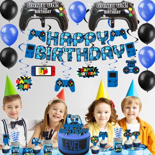 Blue Video Game Party Supplies - 212Pcs Gamer Gaming Party Decoration For Boys Birthday Party - Table Cover, Plates, Cups, Napkins, Utensils, Hanging Swirls, Birthday Banner, Cupcake, Topper Cake Topper & Balloons Serves 16 Guests