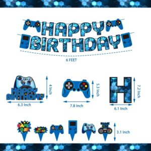 Blue Video Game Party Supplies - 212Pcs Gamer Gaming Party Decoration For Boys Birthday Party - Table Cover, Plates, Cups, Napkins, Utensils, Hanging Swirls, Birthday Banner, Cupcake, Topper Cake Topper & Balloons Serves 16 Guests