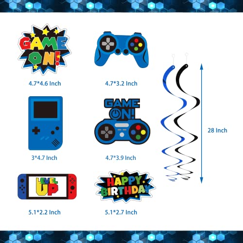 Blue Video Game Party Supplies - 212Pcs Gamer Gaming Party Decoration For Boys Birthday Party - Table Cover, Plates, Cups, Napkins, Utensils, Hanging Swirls, Birthday Banner, Cupcake, Topper Cake Topper & Balloons Serves 16 Guests