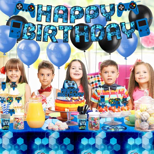 Blue Video Game Party Supplies - 212Pcs Gamer Gaming Party Decoration For Boys Birthday Party - Table Cover, Plates, Cups, Napkins, Utensils, Hanging Swirls, Birthday Banner, Cupcake, Topper Cake Topper & Balloons Serves 16 Guests